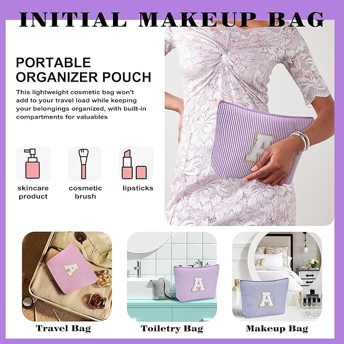 Initial Makeup Bag Set - Cute Purple Stuff for Women, Makeup Pouch Cosmetic Bag Small Makeup Bag for Purse, Travel Essentials Toiletry Bag for Women Birthday Gifts, Purple Letter E