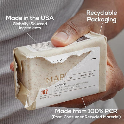 MARLOWE. No. 102 Body Scrub Soap 7 oz (3 Bars), Oud Wood, Exfoliating Soap Bar with Shea Butter, Olive Oil & Green Tea Extracts, Cleanses, Smooths & Revitalizes Skin, Earthy & Smoky Scent