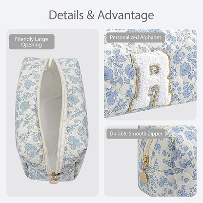Gleyemor Personalized Initial Makeup Bag for Women, Cute Quilted Blue Floral Cotton Cosmetic Bag, Christmas Gifts for Her Mom Friend Sister Bridesmaid Teacher Women R