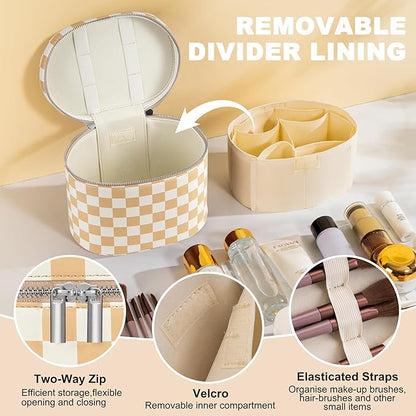 Makeup Bag Vanity Case Cosmetic Bag with Removable Divider Travel Toiletry Bag for Women Portable Make up Box Organizer, Beige and White