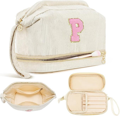 Makeup Bag for Girls Gift, Personalized Christmas Gifts Initial Women Makeup Bag for Travel, Double Layer Cosmetic Bag with Brush Organizer Preppy Make up Bag for Teen Girl Trendy - P