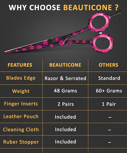 BEAUTICONE ® Hair Cutting Scissors - High Carbon SS 6.5" Professional Barber-Grade Salon Shears with Serrated & Razor Edge - Black Premium Gift Box with Leather Pouch & Extra Accs - Ultra Lightweight
