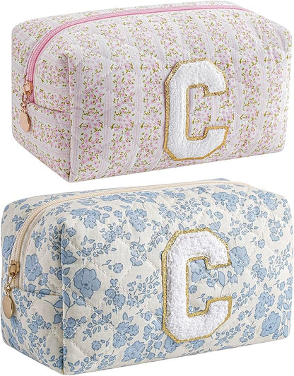 JOVAKIT Makeup Bag Cosmetic Bags for Women, Christmas Gifts for Girls Age 6-18, Alphabet Pink Floral Coquette Zipper Travel Makeup Pouch, Organizer Case Trendy Stuff (Pink+ Blue C)