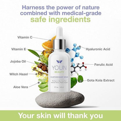 YOUN Beauty 20% Vitamin C Face Serum with Hyaluronic Acid, Ferulic Acid & Vitamin E by Holistic Plastic Surgeon Dr. Anthony Youn | Antioxidant Serum for Face for Skin Hydration, 60 ml