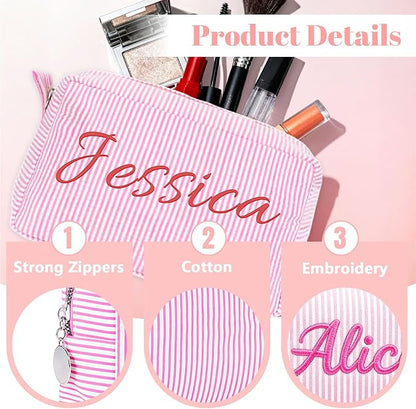 Personalized Makeup Bag with Embroidered Name,Custom Travel Toiletry Stripe Cosmetic Bag, Wedding Gift for Bridesmaid/Women/Girl