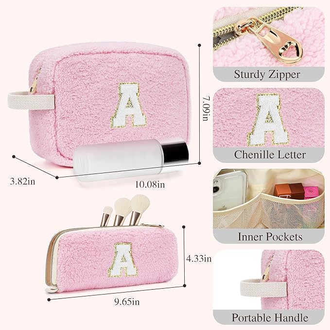 2PCS Makeup Bag with Initials, Christmas Day Gifts for Teen Girls Trendy Stuff, Personalized Cosmetic Travel Bag Pouch for Granddaughter, Cute Plush Make up Bags for Birthday - Pink Q