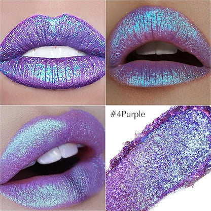 Purple Metallic Lipstick, Holographic Glitter Lip Stick for Women Makeup Long Lasting Lightweight Non-Sticky Hydrating Lip Tinted Full Coverage High-Shine Sparkling Shimmer Chameleon Lipstick