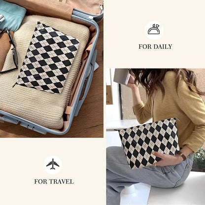 STARDW Parallel Checkered Makeup Bag Cute Cosmetic Bags for Women Girls, Travel Toiletry Bag Large Capacity Zipper Makeup Pouch, Purse Organizer Pouches