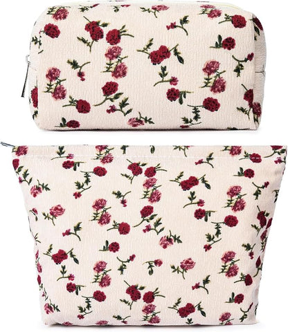 SOIDRAM 2 Pieces Rose Makeup Bag Large Corduroy Cosmetic Bag Capacity Canvas Mix Travel Toiletry Bag Organizer Cute Makeup Brushes Aesthetic Accessories Storage Bag for Women, Rose Mix White