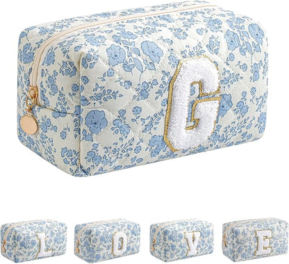 JOVAKIT Alphabet Makeup Bag Cosmetic Bag for Women, Christmas Gifts for Girls Age 6-18, Floral Flowers Coquette Travel Toiletry Zipper Make Up Pouch Organizer Trendy Stuff (Blue Floral G)