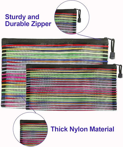 Mesh Bags with Zipper (6 Pack), Nylon Makeup Bag Cosmetic Pouches Travel Organizer Case for Purse Diaper Bag Home Organizing Striped Multi Size Black