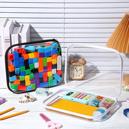 Hoolerry 4 Pcs Hard Clear Zipper Case Makeup Bags Plastic Pencil Pouch Transparent Storage Box Containers for Cosmetics, Snacks, Building Blocks, Puzzles(Black and White,9.8 x 7.9 x 2 in)