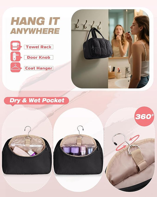 Travel Toiletry Bag for Women with Hanging Hook, Water Resistant Puffy Makeup Organizer with Leak Proof Pockets for Toiletries and Cosmetics - Black (Bag Only)