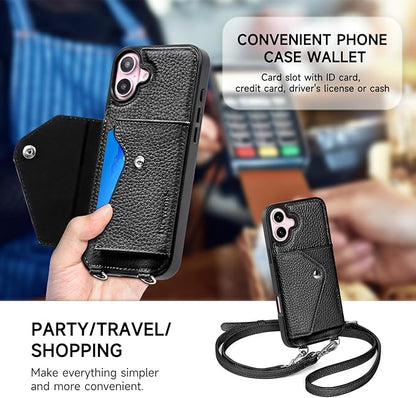 LUCKYCOIN Crossbody Wallet Phone Case for iPhone 16 Plus,100% Genuine Leather Wallet Phone Case with Expandable Flip Card Holder,Phone Purse for Women with Adjustable Removable Strap - Pebble Black
