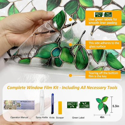 Stained Glass Window Privacy Film Decorative Rainbow Static Clings – Ideal for Home & Office, Adhesive-Free, Removable, UV-Blocking (Green Rainbow, 17.5 X 78.7 in)