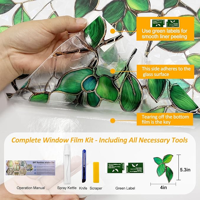 Stained Glass Window Privacy Film Decorative Rainbow Static Clings – Ideal for Home & Office, Adhesive-Free, Removable, UV-Blocking (Green Rainbow, 17.5 X 157.4 in)