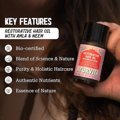 Restorative Hair Oil - Amla for Strengthening & Neem for Preventing Dryness and Dandruff - For Dry, Damaged Hair Growth - For Men & Women - 2 fl oz