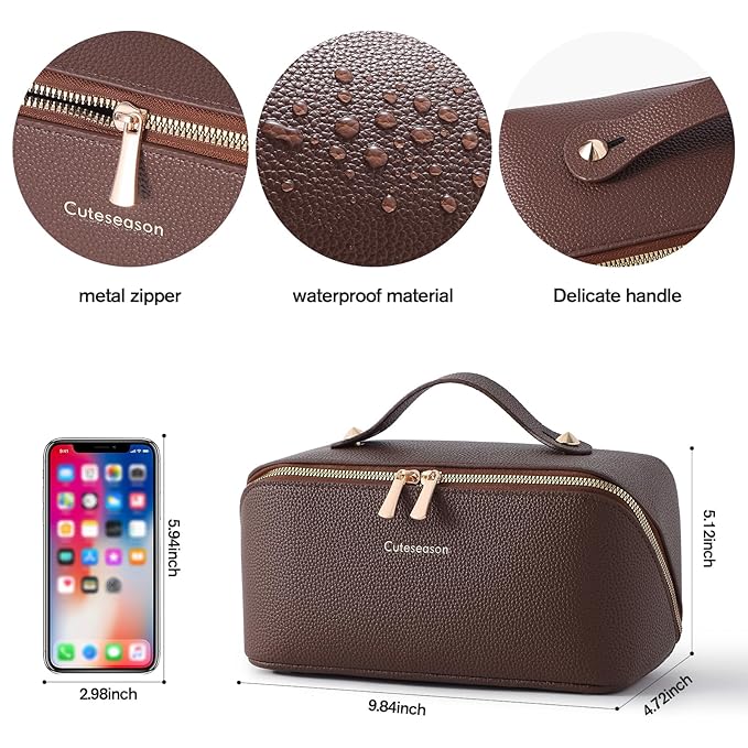 Travel Makeup Bag Travel Toiletry Bag Waterproof PU Leather Checkered Makeup Organizer Bag Woman Cosmetic Organizer Bag With Headband and Wristband Set (Brown, Checkerboard pattern)