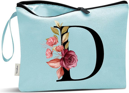 Vavabox A-Z Personalized Makeup Bag, Birthday Gifts for Women Mom, Gifts for Best Friend, Bride Bridesmaid Cosmetic bag (D, Green)