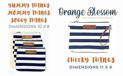Stylish Diaper Bag Organizing Pouches - XL Set of 4 Navy and White Striped Canvas Diaper Bag Pouches with Leather Embossed Labels, Leather Wristlet Strap & Durable Metal Zippers