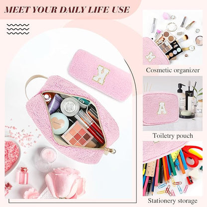 2PCS Makeup Bag with Initials, Christmas Day Gifts for Teen Girls Trendy Stuff, Personalized Cosmetic Travel Bag Pouch for Granddaughter, Cute Plush Make up Bags for Birthday - Pink T
