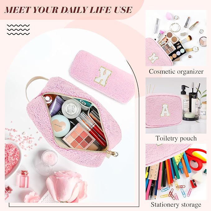 2PCS Makeup Bag with Initials, Christmas Day Gifts for Teen Girls Trendy Stuff, Personalized Cosmetic Travel Bag Pouch for Granddaughter, Cute Plush Make up Bags for Birthday - Pink M