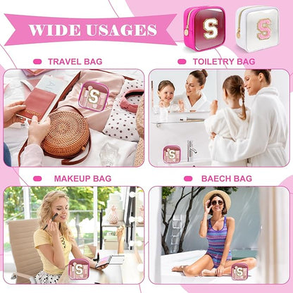Personalized Initial Letter Clear Preppy Makeup Bag,Mini Nylon Chenille Letter Cosmetic Bag Cute Zipper Pouch Coin Purse for Teen Girls,Portable TSA Approved Travel Essentials Bag Gift for Women,S