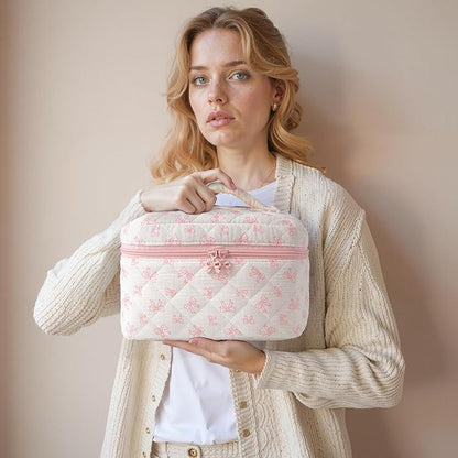HBselect Quilted Makeup Bag, 3PCS Cotton Large Travel Makeup Bag, Cute Floral Coquette Make up Bag Cosmetic Bag Toiletry Bag for Women Girls