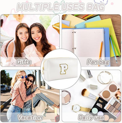 Gifts for Girls Initial Makeup Bag Personalized Cosmetic Bag with Zipper Cute Travel Toiletry Bags Waterproof PU Preppy Makeup Pouch Birthday Gift for Teen Girls Women(White P)