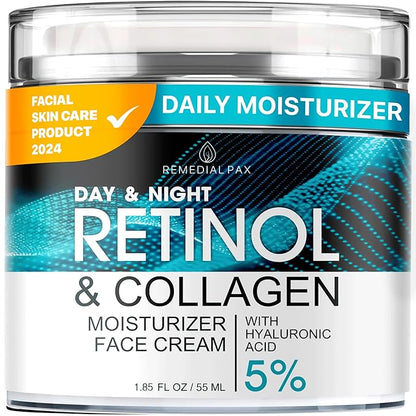 Face Moisturizer Retinol Cream, Anti Aging Neck Firming Cream, Collagen Day & Night Face Cream with Hyaluronic Acid for Women & Men, 1.85 Fl Oz