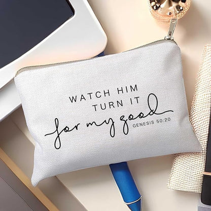 Watch Him Turn It For My Good Makeup Bag Christian Quote Faith Bible Scripture Sayings Makeup Case Linen Cotton Travel Bag Makeup Pouch Sister Gift