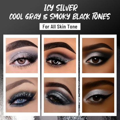 Black Eyeshadow Palette with Mirror Silver Gray Black Tones Matte Shimmer Smokey 6 Colors Mini Eye Shadow Pallet Travel Size Highly Pigmented for Vampire Clown Joker Goth Halloween Makeup