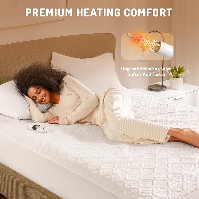 Queen Size Heated Mattress Pad - Degrees of Comfort Electric Bed Warmer with Dual Controllers, 6 Heating Levels, 10-Hour Auto Shut-Off, Breathable Air-Layer, 60"x80"