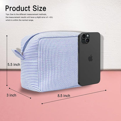 MT WORLD Cosmetic Bag Personalized Makeup Bag Seersucker Preppy Bridesmaid Makeup Bag Aesthetic Cute Women Toiletry Bag Girls Handbags Purses (Blue)