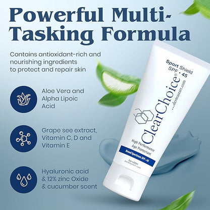 Clear Choice Travel Size Sunscreen for Face SPF 45, Mineral Oil Free Sunblock & Light Moisturizer with Zinc Oxide, Reef-Safe, Broad Spectrum, No White Cast, Dermatologist Recommended 2oz