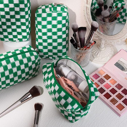 SOIDRAM Checkered Makeup Bag Preppy Cosmetic Bag Bulk Green Makeup Pouch Personalize Travel Toiletry Bag Organizer Cute DIY Makeup Brushes Storage Bag for Women