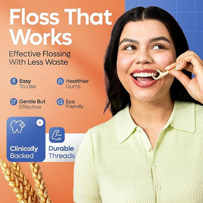 SmartLifeco Eco-Friendly Dual-Thread Dental Floss Picks (200ct) - Flossers Made with Straw Wheat Blend, Proven Anti-Shred for Tight Gaps, Tooth Pick Stick for Adults, Soft on Gum & Teeth, Unflavored