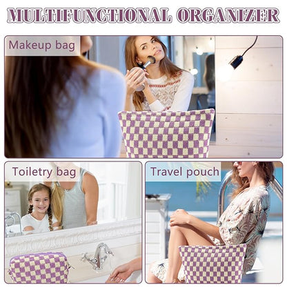 ZLFSRQ 2Pcs Checkered Makeup Bag for Women Large Small Checkered Cosmetic Bag Set Aesthetic Preppy Pencil Case Cute Pencil Pouch Purple Makeup Pouch for Purse Travel Toiletry Bags Zipper Skincare Bags