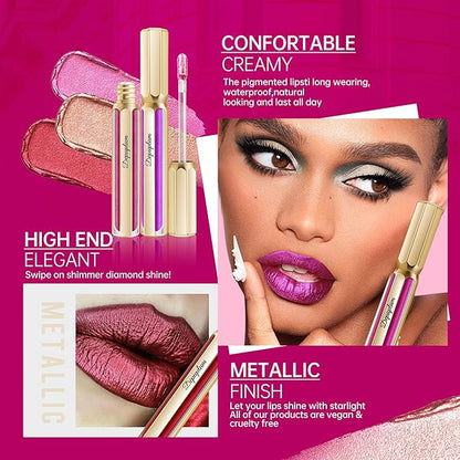 Gold Lipsticks for Women Metallic Lipstick Long Lasting Non Stick Cup Lip Gloss, Shimmer Lightweight Hydrating Full Coverage Lip Color,DP111 Ponyo