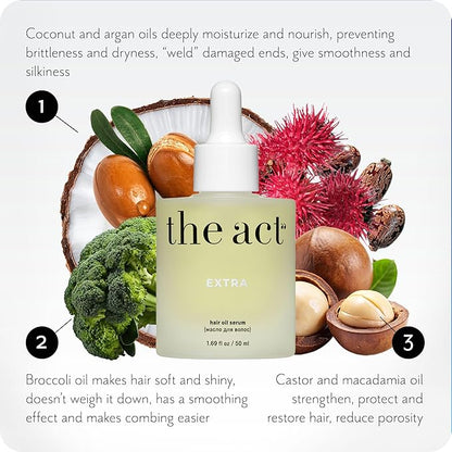 The Act Hair Oil for Dry & Frizzy Hair – Leave-In Lightweight Treatment with Argan, Coconut & Castor Oil – Non-Greasy Finish – 1.69 fl oz