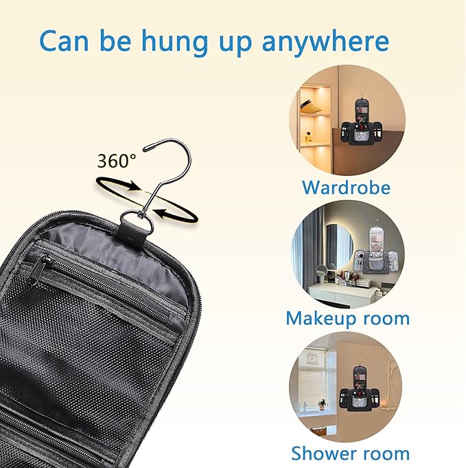 Hanging Toiletry Bag for Men and Women, Travel Makeup with Metal Swivel Hook, Large Organizer for Full Sized Cosmetics and Toiletries, Water-Resistant Nylon, Black