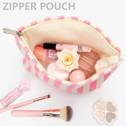 Makeup Bag Large Cotton Zipper Pouch for Purse Travel Canvas Make Up Organizer for Women Cosmetic,Stripe Pink