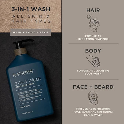 Blackstone Men's Grooming 3-in-1 Wash for Men | Cleanses & Conditions Hair, Body, & Face | For All Skin & Hair Types | With Coconut Oil, Vitamin B5 and Caffeine - Sea & Surf (32 Fl Oz)