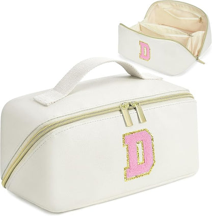 for Christmas Day Gifts, Makeup Bag for Women, PU Leather Travel Toiletry Bags, Initial Make Up Cosmetic Pouch for Teen Girls, Wide Open Portable Skincare Bag, Personalized Birthday Gifts, White D