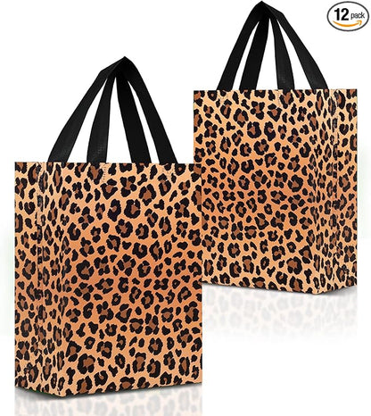 Nush Nush Leopard Gift Bags Medium Size– Set of 12 Cheetah Gift Bags With Handles - Reusable Goodie Bag for Animal Print Party, Safari Party Favors, Jungle Theme Birthday - 8x4x10 Size