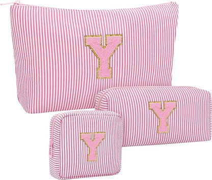 MONSTINA Personalized Initial Makeup Bag for Women,Make Up Case for Girlfriend Bridesmaid Wife,Birthday Gift for Her Cute Toiletry Bag,Period Bag Sanitary Napkin Storage Bag|Tampon Pouch,3PCS,Pink Y