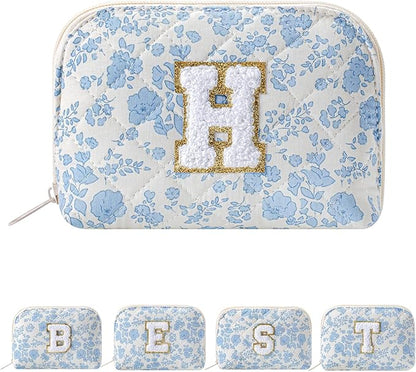 JOVAKIT Conch Alphabet Makeup Bag Cosmetic Bag for Women, Christmas Gifts for Women Girls, Blue Floral Coquette Travel Bag, Zipper Make Up Pouch Organizer Trendy Stuff (Blue Floral H)