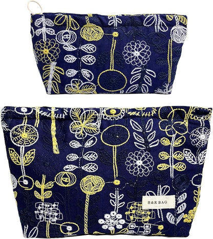 2 Pcs Makeup Bags, Large Cosmetic Bag Travel Toiletry Bag Organizer for Women, Embroidery Craft, Floral Makeup Bag Small Cosmetic Pouch Purse with Zipper, Gifts for Girls Teen (Blue-tree)