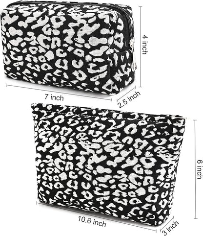 SOIDRAM 2 Pieces Leopard Print Makeup Bag Large Cosmetic Bag Capacity Canvas Mix Travel Toiletry Bag Organizer Cute Makeup Brushes Aesthetic Accessories Storage Bag for Women, Leopard Print Mix Black
