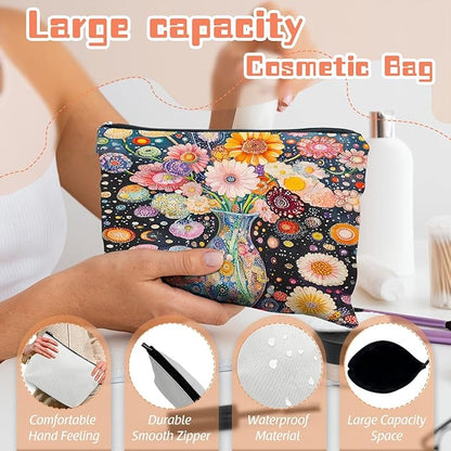 Makeup Bag Travel Cosmetic Bags Small Makeup Case Waterproof Zipper Pouch for Women Girls 7X9inches - Colorful Flowers in A Blue Vase with Dots